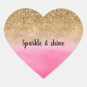 Girly Pink Waterverf Gold Glitter Hart Sticker