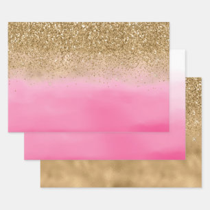 Girly Pink Waterverf Gold Glitter Inpakpapier Vel