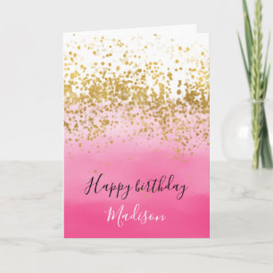 Girly Pink Waterverf Ombre Gold Confetti Kaart
