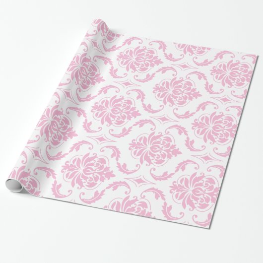 Girly Pink White  Damask Pattern Cadeaupapier (Uitgerold)
