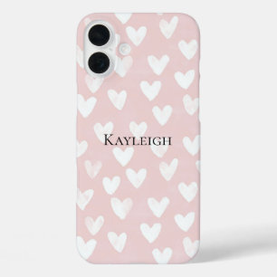 Girly Pink White Hearts iPhone 16 Plus Hoesje