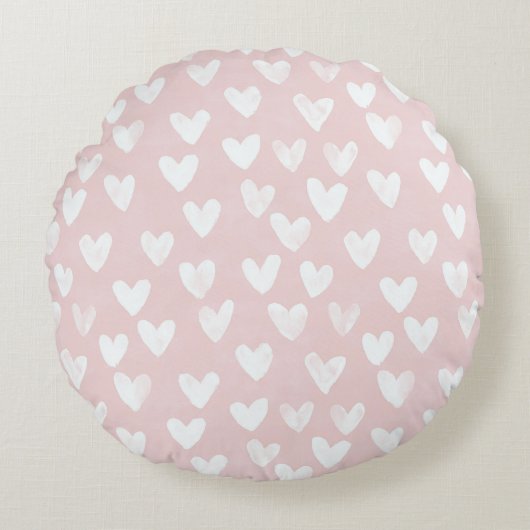 Girly Pink White Hearts Rond Kussen (Voorkant)