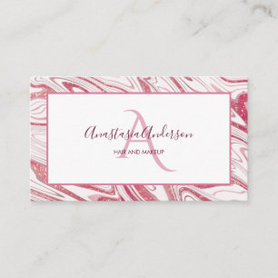 Girly Pink White Marble Glitter Elegant Monogram Visitekaartje