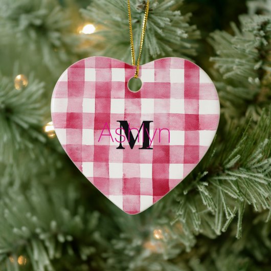 Girly Pink White Plaid Stripes Monogram Christmas Keramisch Ornament (Boom)