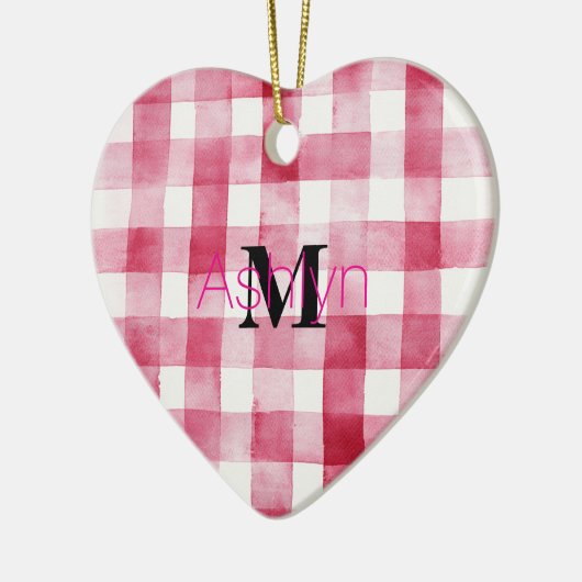 Girly Pink White Plaid Stripes Monogram Christmas Keramisch Ornament (Links)