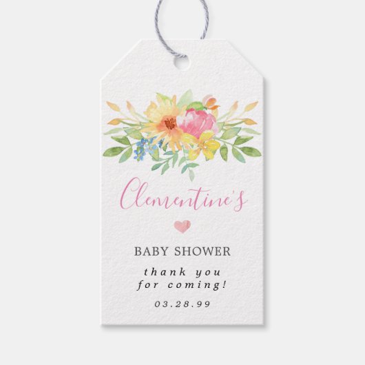 Girly Pink Yellow Floral Baby shower dank u Cadeaulabel (Voorkant)