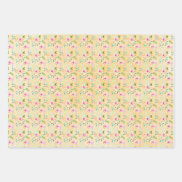 Girly Pink Yellow Floral Inpakpapier Vel