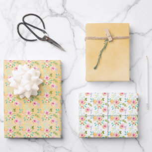Girly Pink Yellow Floral Inpakpapier Vel
