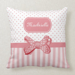 Girly Polka Dot Bow Cute Pink Stripes met naam Kussen