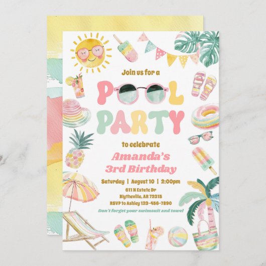 Girly Pool Party Verjaardag uitnodiging (Voorkant / Achterkant)