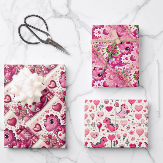 Girly Pop Dinosaurus Valentijnsdag Inpakpapier Vel (Voorkant)