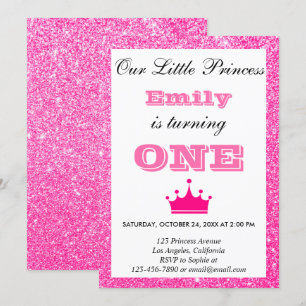 Girly Princess Hot Pink Glitter First Birthday One Kaart