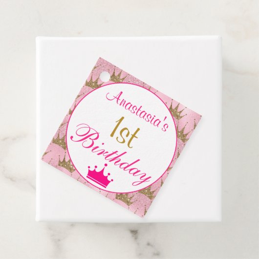 Girly Princess Hot Pink Gold Glitter 1e verjaardag Bedankjes Labels (In situ)
