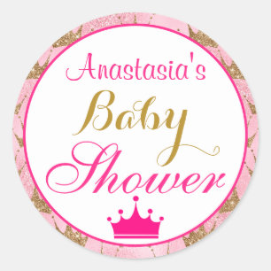 Girly Princess Hot Pink & Gold Glitter Baby shower Ronde Sticker