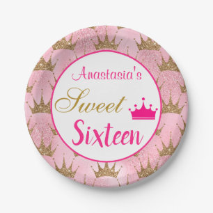 Girly Princess Hot Pink Gold Glitter Sweet Sixteen Papieren Bordje