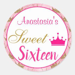 Girly Princess Hot Pink Gold Glitter Sweet Sixteen Ronde Sticker