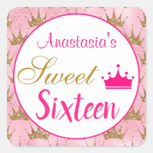 Girly Princess Hot Pink Gold Glitter Sweet Sixteen Vierkante Sticker