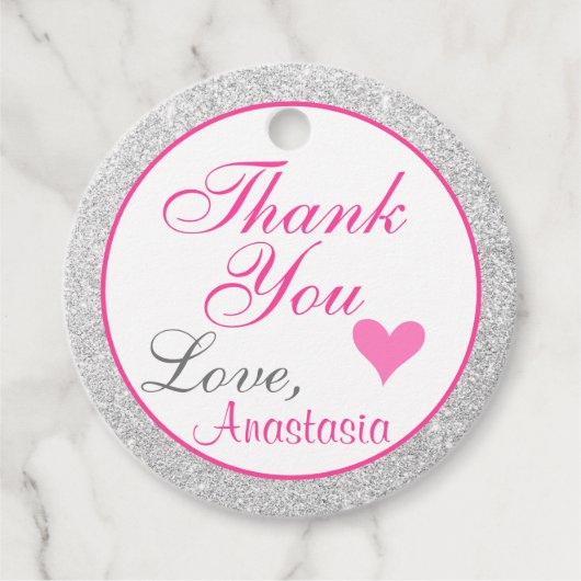 Girly Princess Pink en Silver Glitter Dank u Bedankjes Labels (Voorkant)