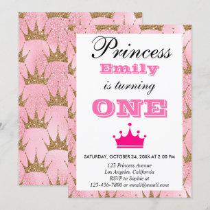 Girly Princess Pink & Gold Glitter First Birthday Kaart
