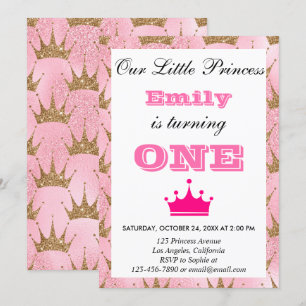 Girly Princess Pink & Gold Glitter First Birthday Kaart