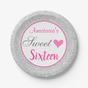 Girly Princess Pink & Silver Glitter Sweet Sixteen Papieren Bordje