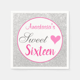 Girly Princess Pink & Silver Glitter Sweet Sixteen Servet
