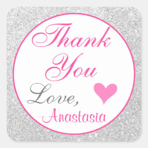 Girly Princess Roze en Zilver Glitter Dank Je Vierkante Sticker