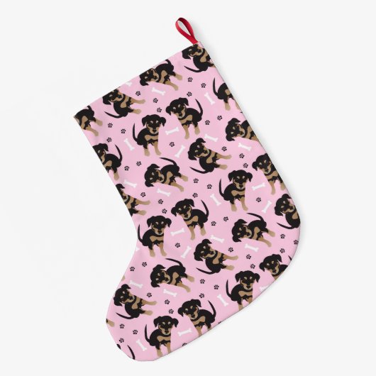 Girly Puppy Pattern Pink Grote Kerstsok (Achterkant (Hangend))