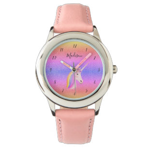 Girly Rainbow Eenhoorn Pastel Roze Glitter Kinder Horloge