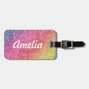 Girly Rainbow Glitter Monogram Name Bagagelabel