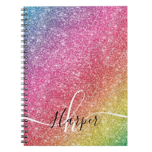 Girly Rainbow Glitter Monogram Name Notitieboek (Voorkant)