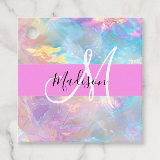 Girly Rainbow Holografische Iridescent Monogram Na Bedankjes Labels (Voorkant)