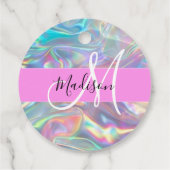 Girly Rainbow Holografische Iridescent Monogram Na Bedankjes Labels (Achterkant)