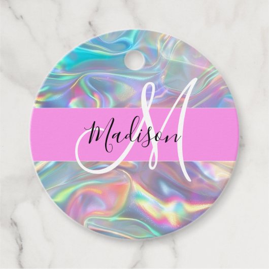 Girly Rainbow Holografische Iridescent Monogram Na Bedankjes Labels (Voorkant)