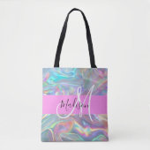 Girly Rainbow Holografische Iridescent Monogram Na Draagtas (Voorkant)