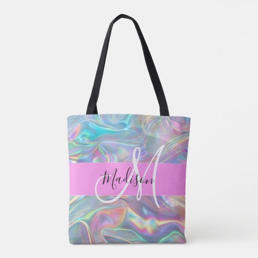Girly Rainbow Holografische Iridescent Monogram Na Draagtas (Achterkant)