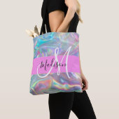 Girly Rainbow Holografische Iridescent Monogram Na Draagtas (Dichtbij)