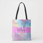 Girly Rainbow Holografische Iridescent Monogram Na Draagtas (Voorkant)