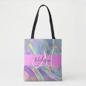 Girly Rainbow Holografische Iridescent Monogram Na Draagtas (Voorkant)