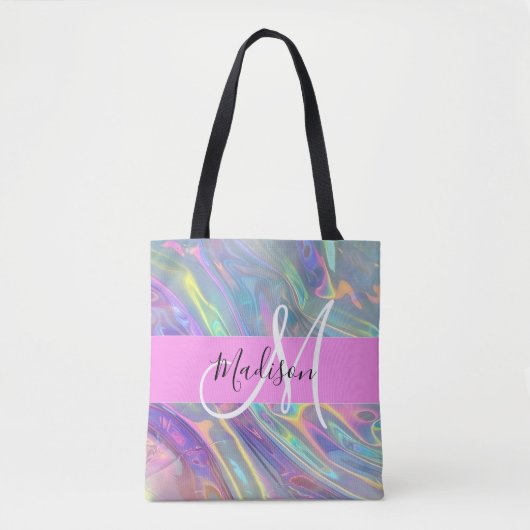 Girly Rainbow Holografische Iridescent Monogram Na Draagtas (Voorkant)