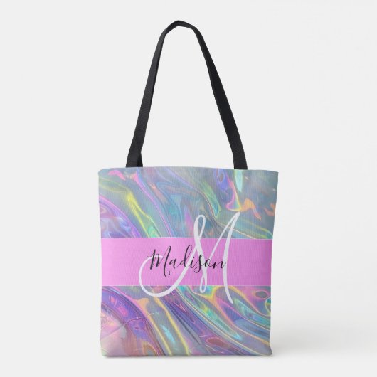 Girly Rainbow Holografische Iridescent Monogram Na Draagtas (Achterkant)