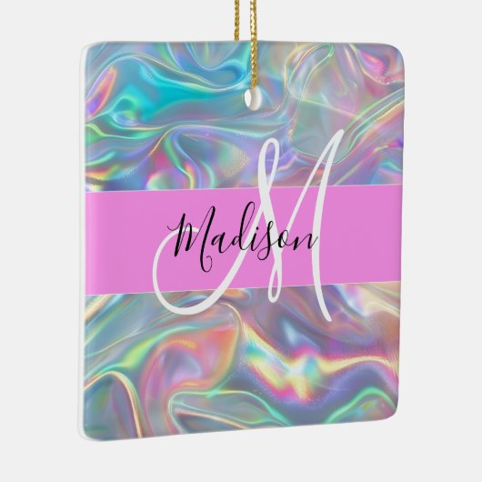 Girly Rainbow Holografische Iridescent Monogram Na Keramisch Ornament (Rechts)