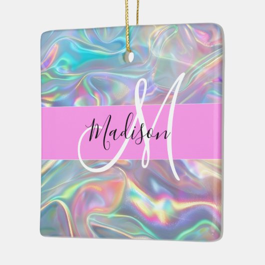 Girly Rainbow Holografische Iridescent Monogram Na Keramisch Ornament (Links)
