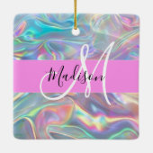 Girly Rainbow Holografische Iridescent Monogram Na Keramisch Ornament (Achterkant)
