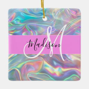 Girly Rainbow Holografische Iridescent Monogram Na Keramisch Ornament