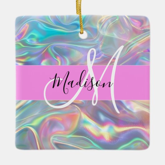 Girly Rainbow Holografische Iridescent Monogram Na Keramisch Ornament (Voorkant)