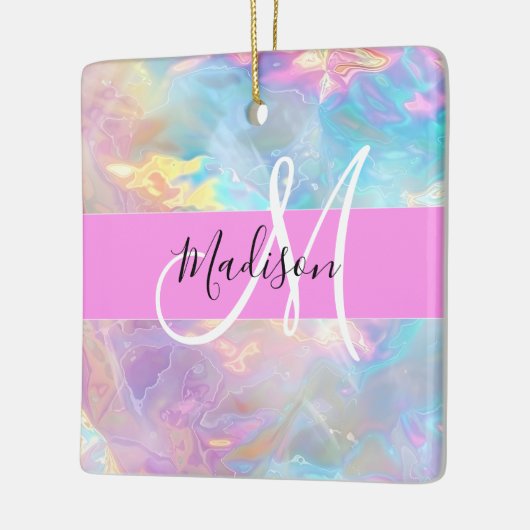 Girly Rainbow Holografische Iridescent Monogram Na Keramisch Ornament (Links)