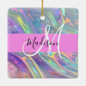 Girly Rainbow Holografische Iridescent Monogram Na Keramisch Ornament (Achterkant)