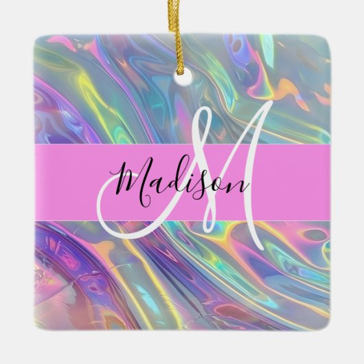 Girly Rainbow Holografische Iridescent Monogram Na Keramisch Ornament (Voorkant)