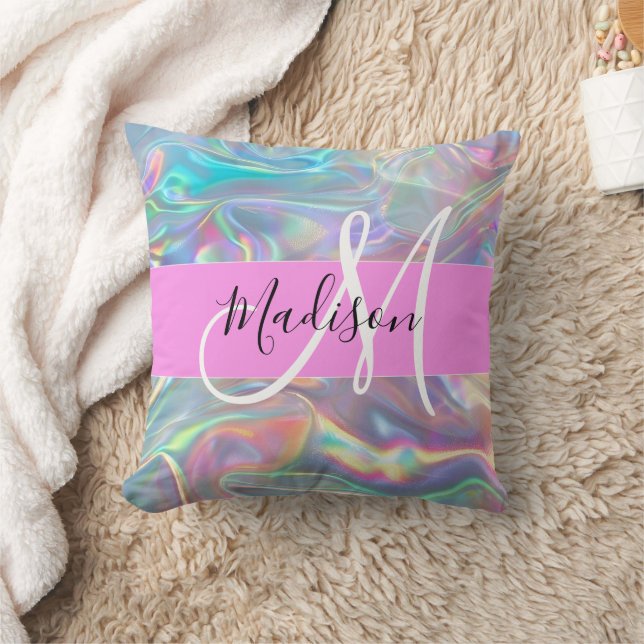 Girly Rainbow Holografische Iridescent Monogram Na Kussen (Deken)
